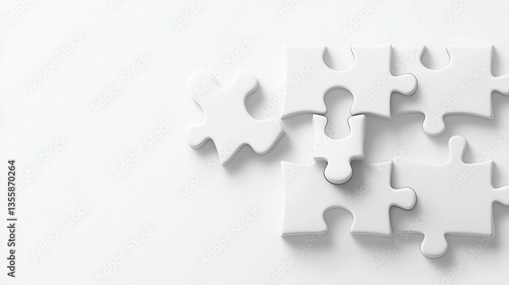 White puzzle pieces on white background, one piece separated. White puzzle pieces on white background, one piece separated.