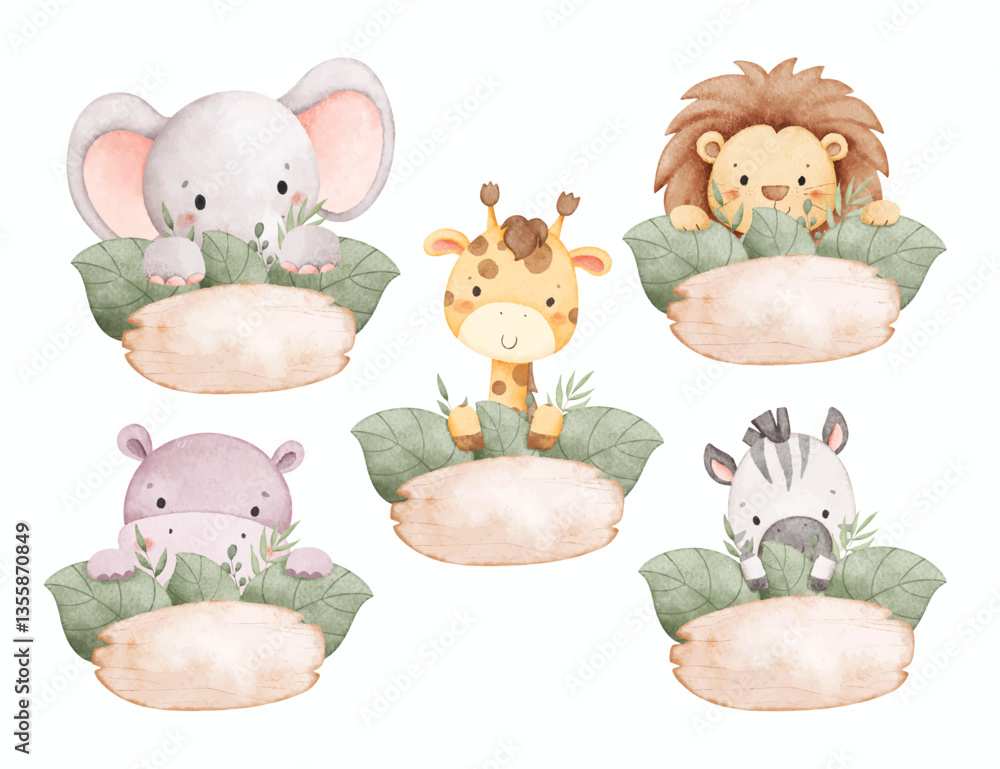 Fototapeta premium Watercolor Illustration Set of Safari Animals with Wooden Board and Tropical Leaves