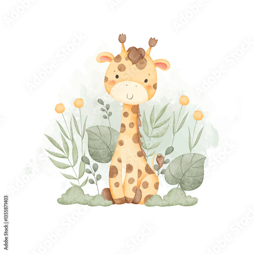 Watercolor Illustration Giraffe and Tropical Leaves