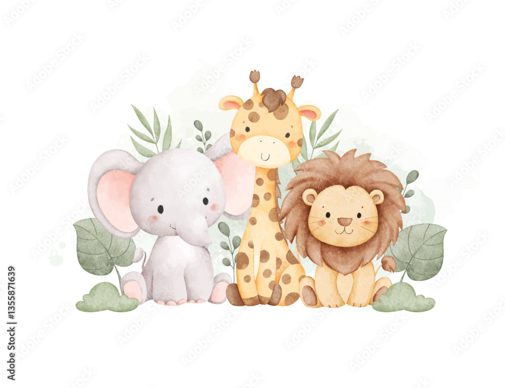 Obraz premium Watercolor Illustration Safari Animals and Tropical Leaves