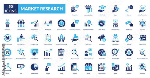 Market research line icon collection set. Includes analysis, survey, data, consumer, trends, insights, competitor, demographics, metrics, behavior, forecast, statistics, opportunity, strategy