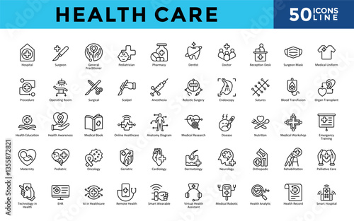 Health Care icons set with hospital, surgeon, general practitioner, pediatrician, pharmacy, dentist, doctor, reception desk, surgeon mask, medical uniform icon. Simple line vector 
