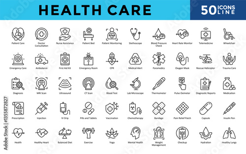 Health Care icons set with patient care, doctor consultation, nurse assistance, patient bed, patient monitoring, stethoscope, blood pressure check, heart rate monitor icon. Simple line vector 
