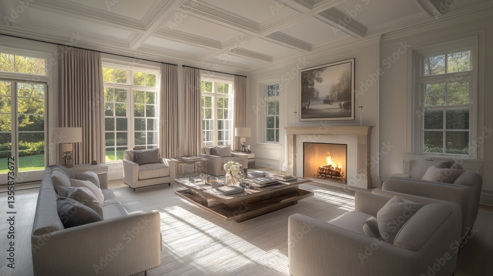 Sunlit Elegant Living Room with Fireplace and Garden View Through Windows Sunlit Elegant Living Room with Fireplace and Garden View Through Windows