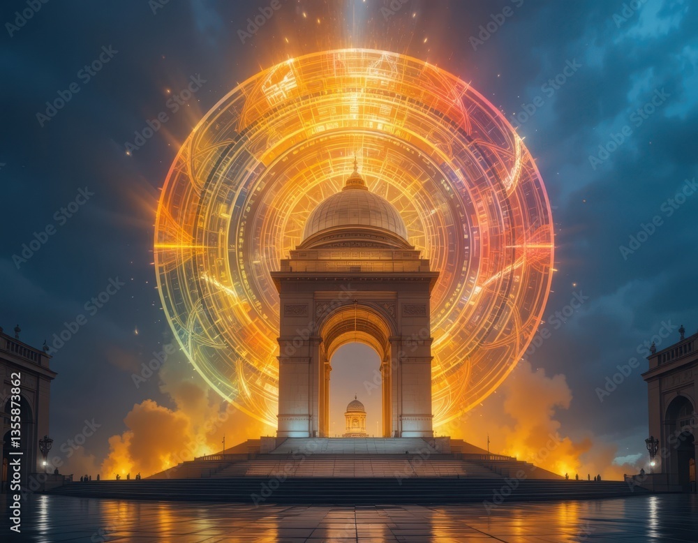 Fototapeta premium Majestic Archway Illuminated by a Futuristic Holographic Circle at Night