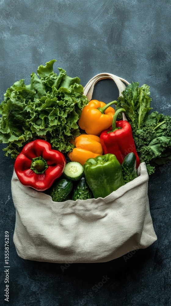 Vibrant Fresh Vegetables in a Reusable Bag: A Colorful Harvest of Healthy Produce