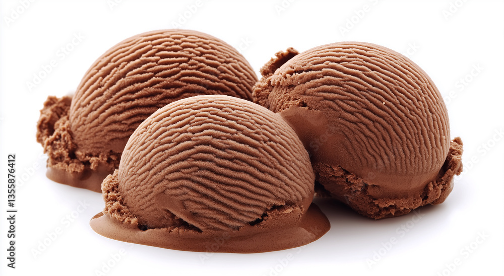 Three brown chocolate ice cream balls isolated on white background Three brown chocolate ice cream balls isolated on white background
