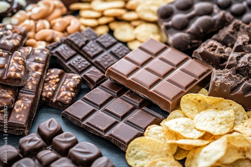 Assorted Chocolate Bars and Candies with Chips on a Dark Surface Display Assorted Chocolate Bars and Candies with Chips on a Dark Surface Display