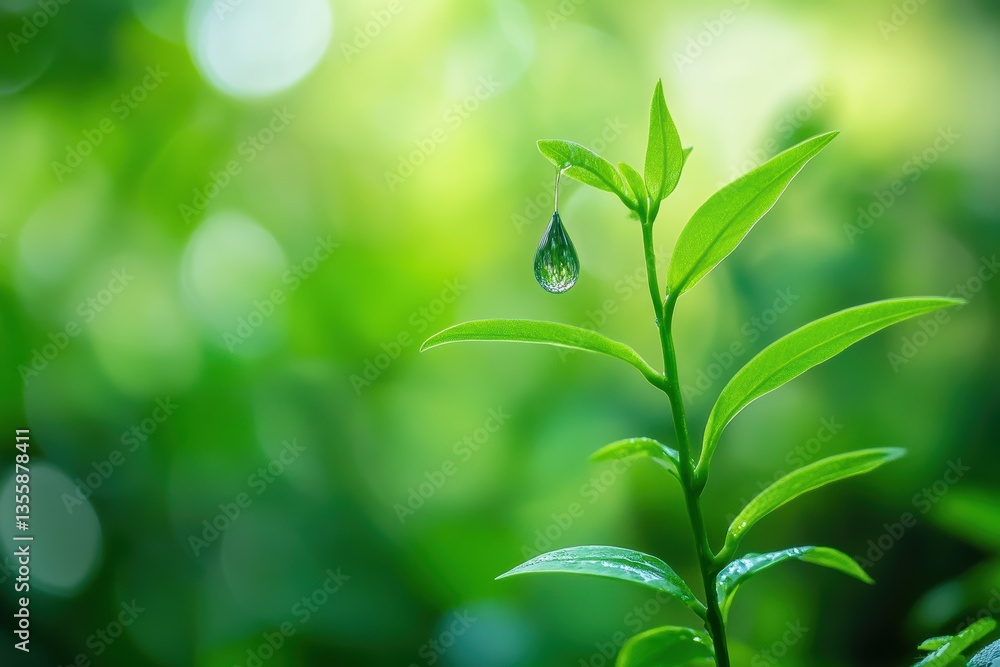 Nature's Serenity: A Dewdrop on a Vibrant Green Leaf in a Lush Forest Nature's Serenity: A Dewdrop on a Vibrant Green Leaf in a Lush Forest