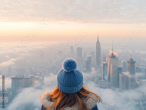 Woman Views City Sunrise Above Clouds.