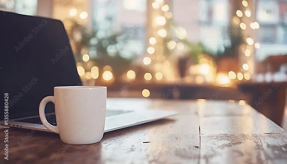 Fototapeta premium Laptop Coffee Cafe Blurred.