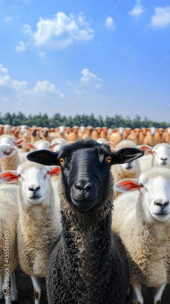 Fototapeta premium Unique Black Sheep Among White Flock Farm Animal Photography