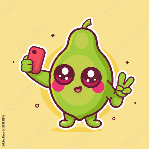cheerful papaya fruit character mascot taking a selfie with a smartphone isolated cartoon 