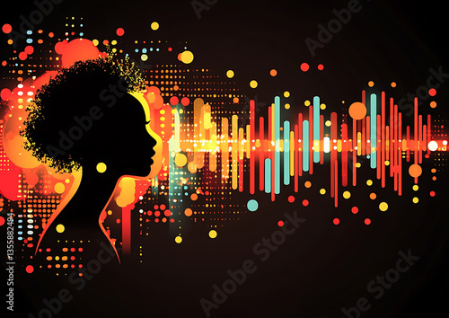 Woman Silhouette with Sound Waves, and City Lights.
