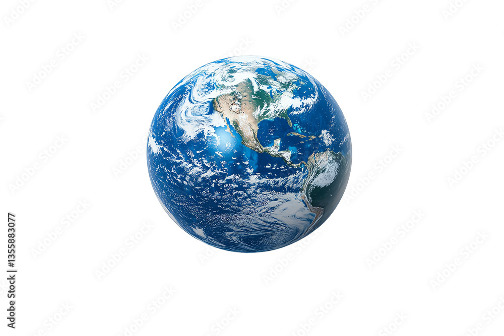 Fototapeta premium Global view of Earth with visible continents, oceans, and clouds on a white isolated background.