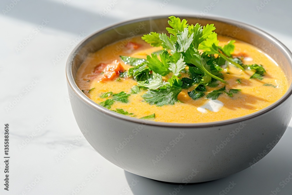 Creamy tomato soup, parsley garnish, sunlight, marble table, healthy meal Creamy tomato soup, parsley garnish, sunlight, marble table, healthy meal