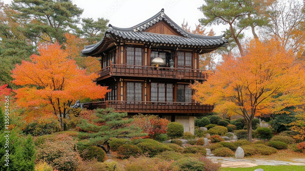 Autumnal Korean-style pavilion nestled in a garden with vibrant foliage Autumnal Korean-style pavilion nestled in a garden with vibrant foliage