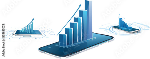 Abstract mobile phone and growth chart on smartphone screen. Stock market and finance concepts. Low poly wireframe vector illustration in futuristic light blue style on a technology background.