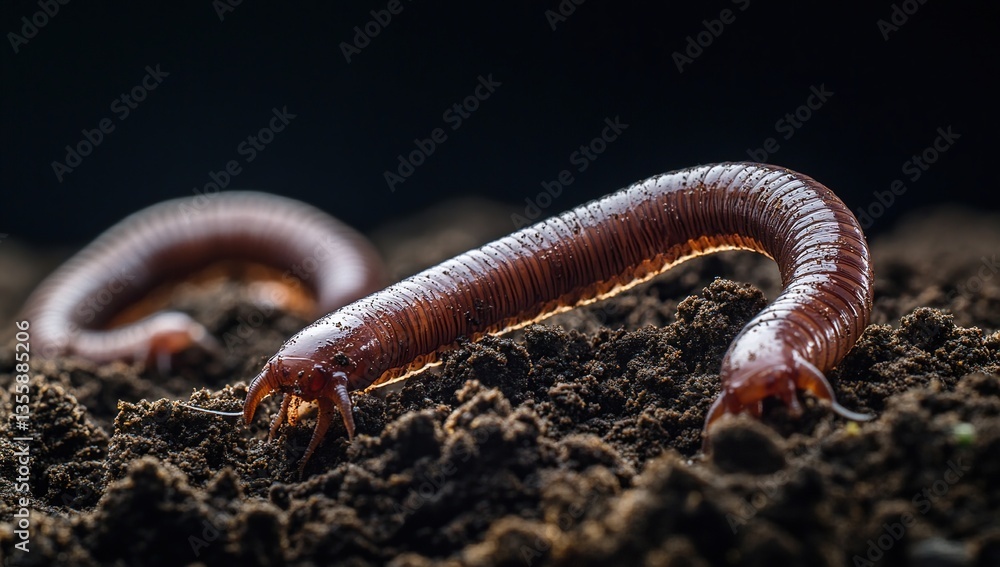 Close-Up of a Brown Worm Crawling on Dark Soil Close-Up of a Brown Worm Crawling on Dark Soil