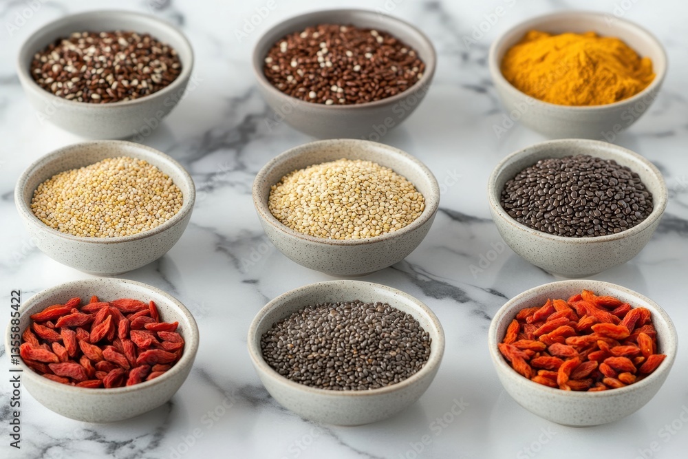 Assorted Superfoods in Bowls: Quinoa, Chia Seeds, Goji Berries, and Turmeric Assorted Superfoods in Bowls: Quinoa, Chia Seeds, Goji Berries, and Turmeric