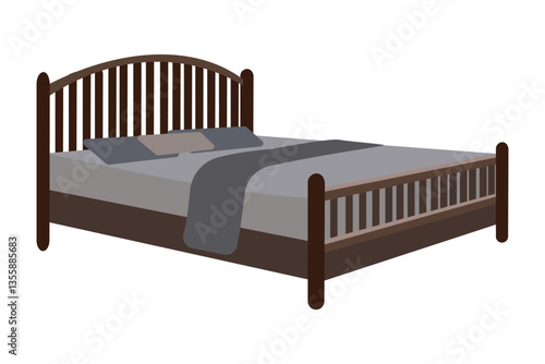 Wooden bed with vertical slat headboard and footboard, mattress, pillows, and blanket