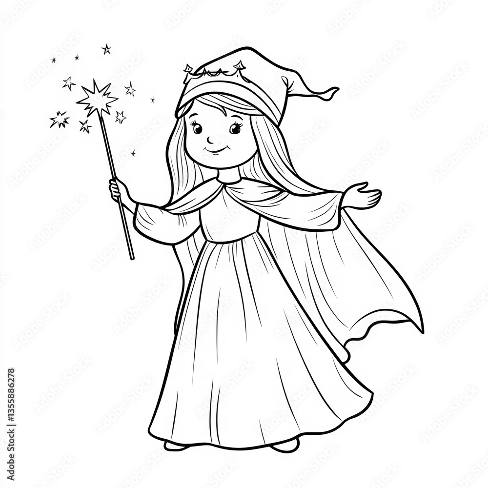 Magical Girl with Wand: A captivating illustration of a young girl dressed as a wizard, holding a sparkling wand and exuding an aura of enchantment and wonder. Magical Girl with Wand: A captivating illustration of a young girl dressed as a wizard, holding a sparkling wand and exuding an aura of enchantment and wonder.