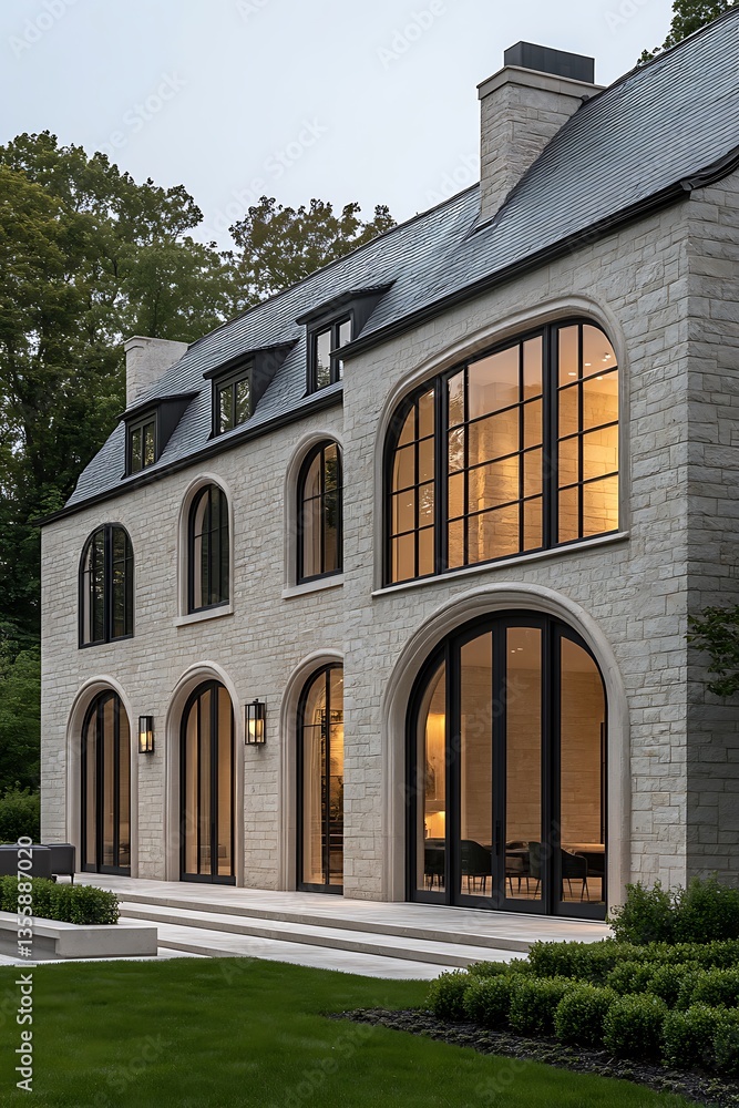 Modern Farmhouse Exterior Dusk. Modern Farmhouse Exterior Dusk.