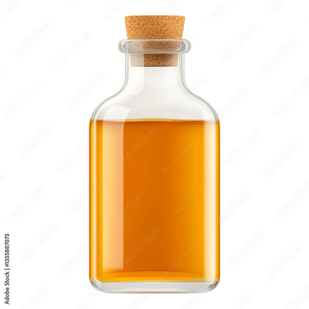 Glass Bottle with Cork and Amber Liquid Inside Glass Bottle with Cork and Amber Liquid Inside