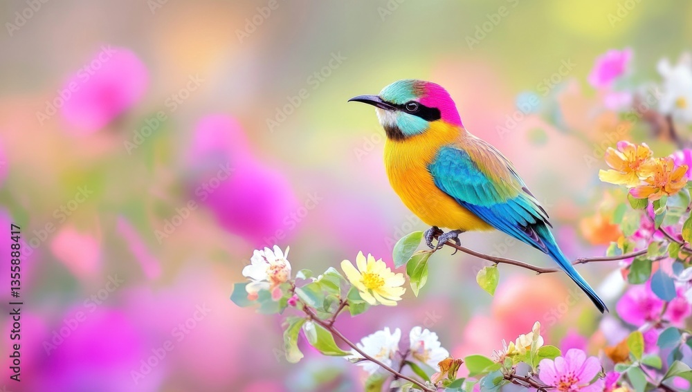 Colorful bird perched on flowers in a vibrant garden setting Colorful bird perched on flowers in a vibrant garden setting