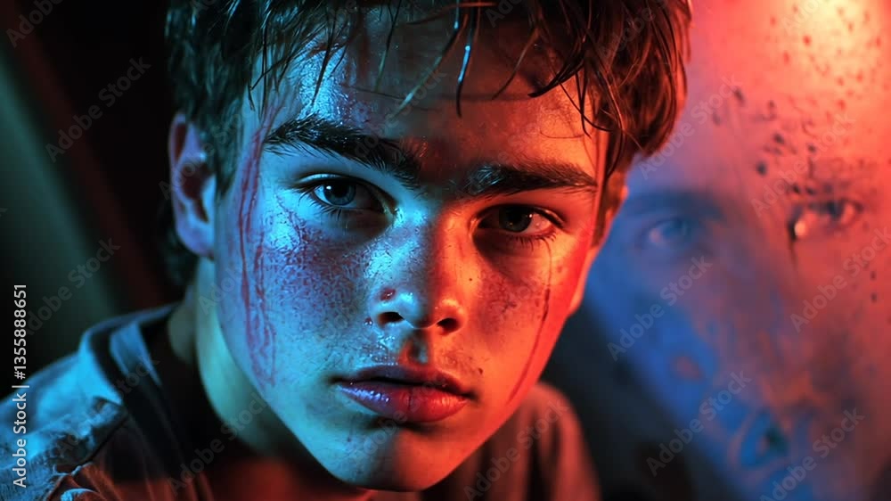A close-up portrait of a young man's face, splattered with blood, under moody lighting. A close-up portrait of a young man's face, splattered with blood, under moody lighting.