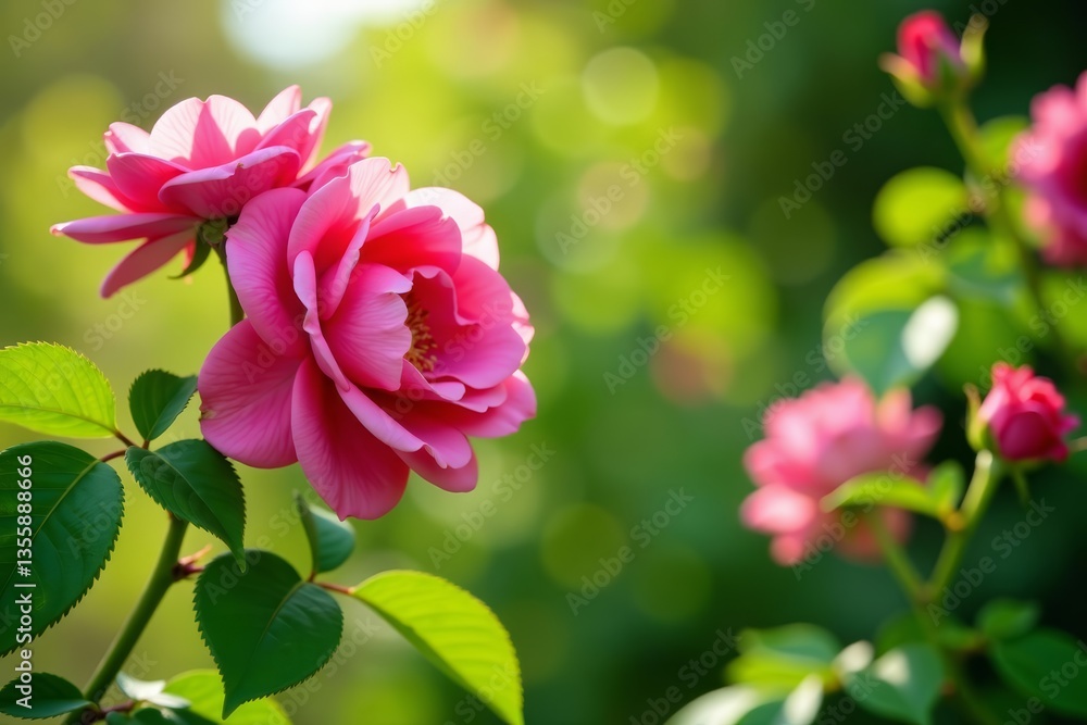 Fototapeta premium Vibrant pink roses growing on green vine in bright sunlight, vine, vibrant