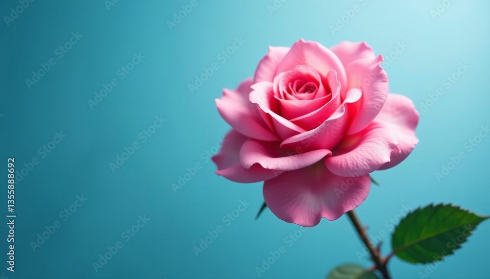 Fototapeta premium Vibrant pink rose contrasted against a tranquil blue and white color palette, flower, blue