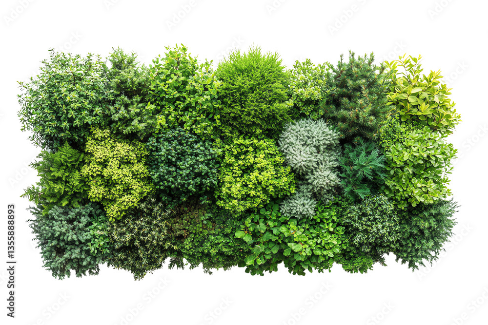 Obraz premium Lush green foliage arrangement showcasing a variety of plants on a white isolated background.