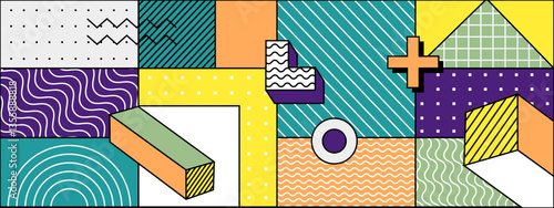 colorful abstract composition featuring geometric shapes and various patterns dynamic design memphis vector illustration
