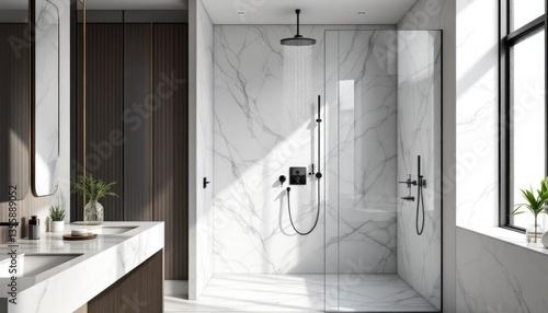 Luxurious bathroom showcases a sleek marble interior with a large glass shower, featuring modern fixtures and ample natural light