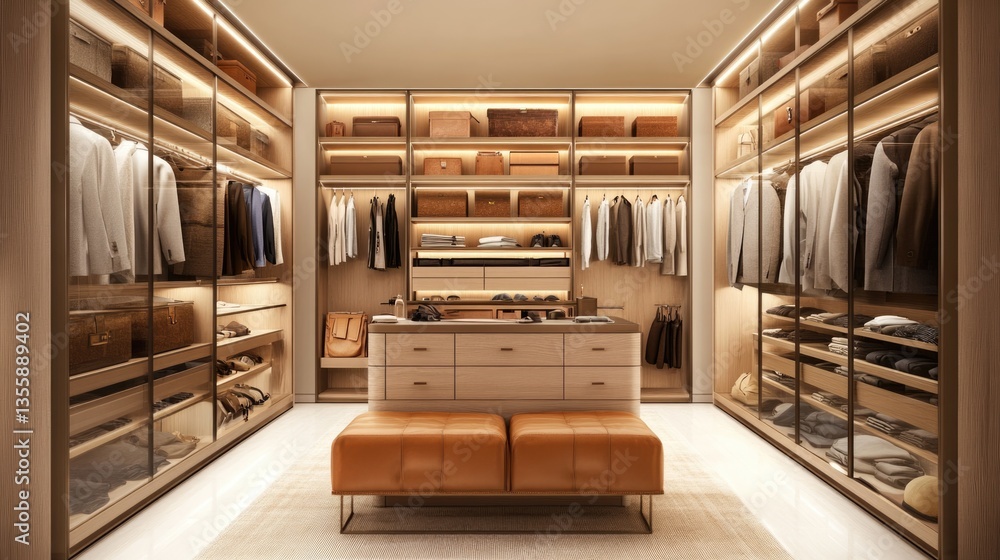 Fototapeta premium Elegant space showcasing a meticulously organized closet filled with neatly hung clothing and stylish accessories, illuminated softly