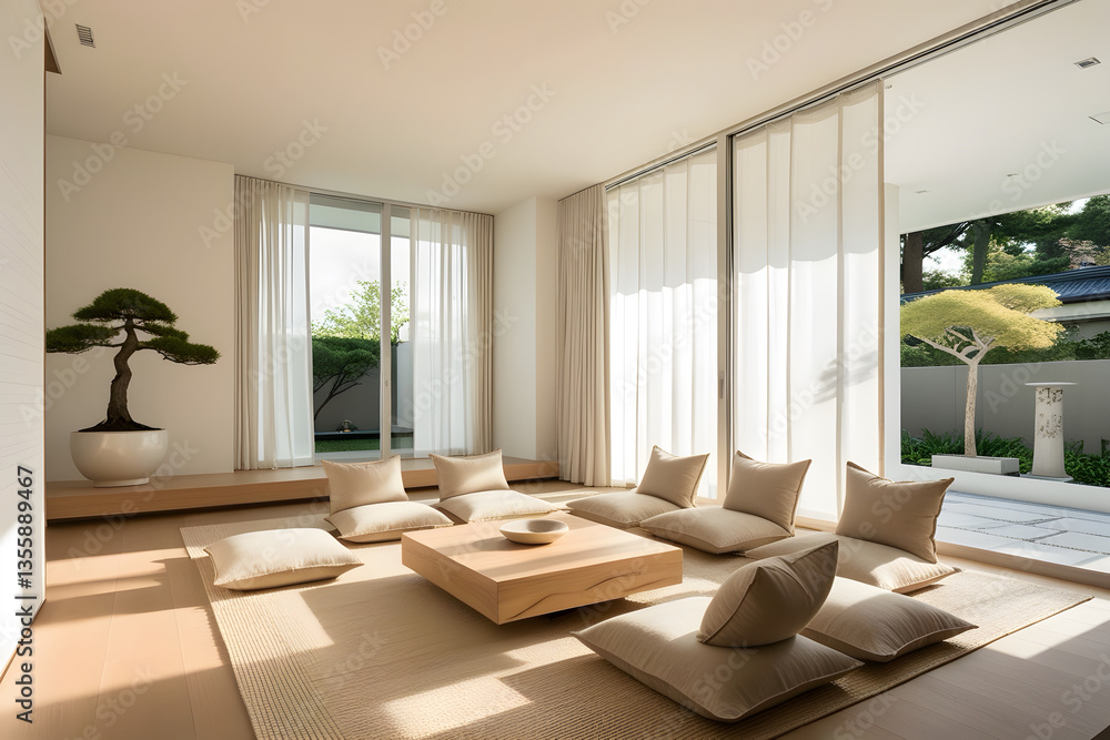 Fototapeta premium Zen-Inspired Minimalist Living Room with Soft Neutrals interior design