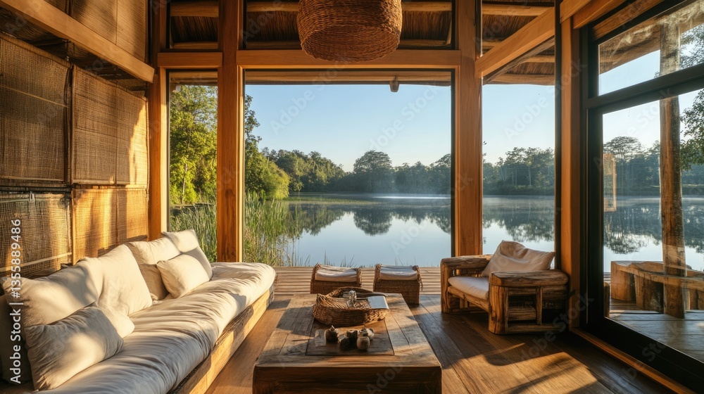 Fototapeta premium A comfortable wooden cabin features a cozy seating area with a lake view, illuminated by the soft morning sunlight and surrounded by nature