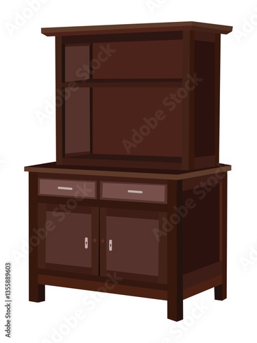 Wooden kitchen cabinet with drawers and upper open shelves isolated on white background
