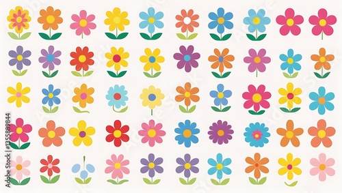 Beautiful Romantic Spring Floral Elements Vector Collection Colorful Wildflowers, Daisies, and Sunflowers on a White Background. Hand-Drawn Blossom Illustration for Decor, Easter Clipart