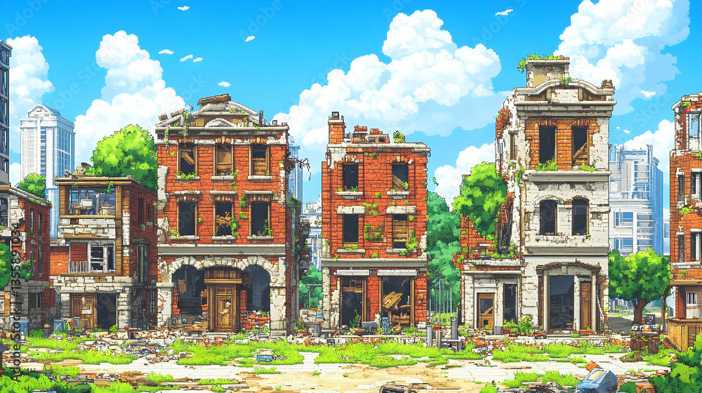 Fototapeta premium Pixelated Abandoned Cityscape Ruins In Summer