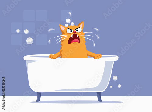 Unhappy Cat Taking a Bath Vector Cartoon Design. Displeased anxious kitty unhappy to get wet in the bathtub 
