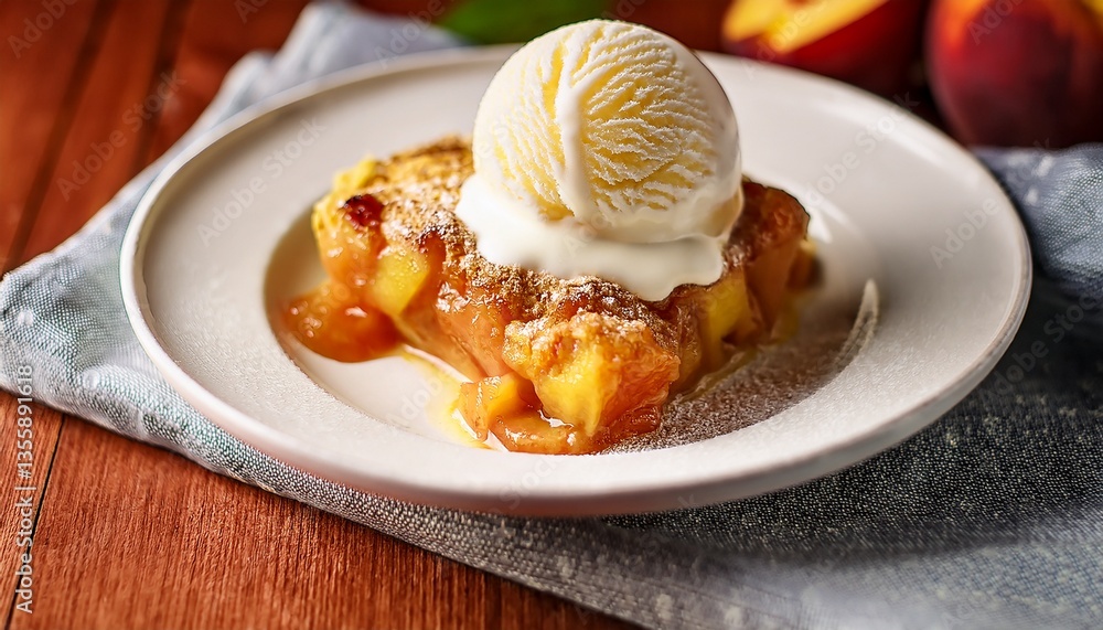 delicious peach cobbler topped with creamy vanilla ice cream served in a white dish on a festive napkin delicious peach cobbler topped with creamy vanilla ice cream served in a white dish on a festive napkin