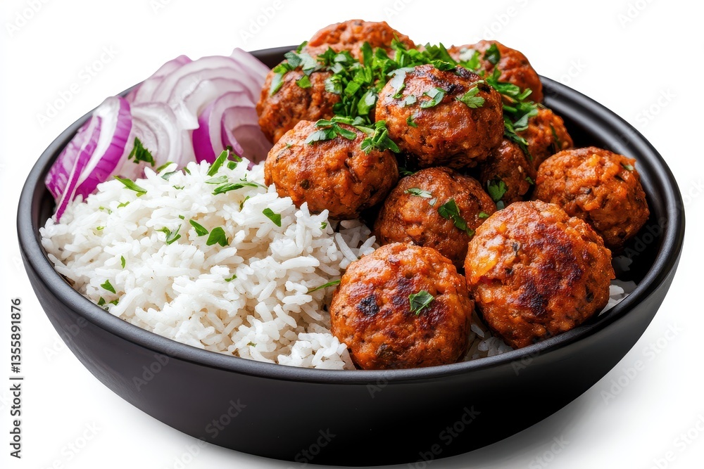 Delicious Meatballs Served on a Bed of Rice with Fresh Onions and Herbs in a Black Bowl Delicious Meatballs Served on a Bed of Rice with Fresh Onions and Herbs in a Black Bowl
