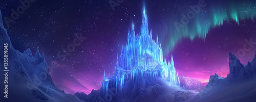 Luminous ice castle beneath the aurora borealis and a mesmerizing starry winter night landscape