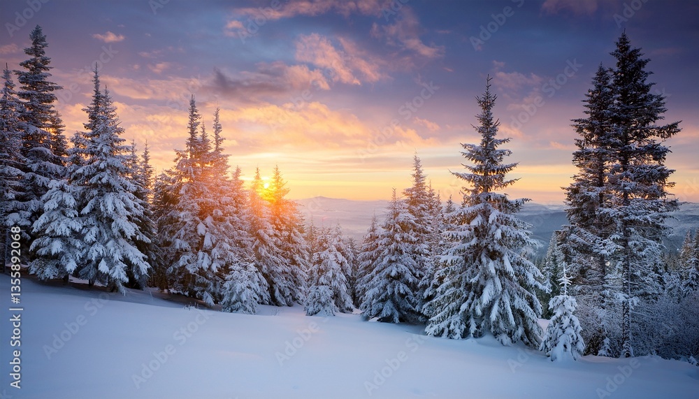 custom made wallpaper toronto digitalsunset sky behind snow covered pine trees