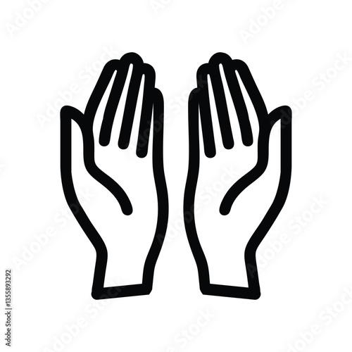 A minimalistic black outline icon of two hands raised in prayer. Represents faith, worship, supplication, and Ramadan, symbolizing devotion, spirituality, and connection with Allah.