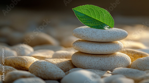 Stacked White Stones with Green Leaf on Pebble Surface for Wallpaper or Background
