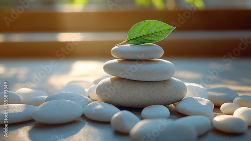 Balanced White Spa Stones with Green Leaf in Sunlight for Background Wallpaper
