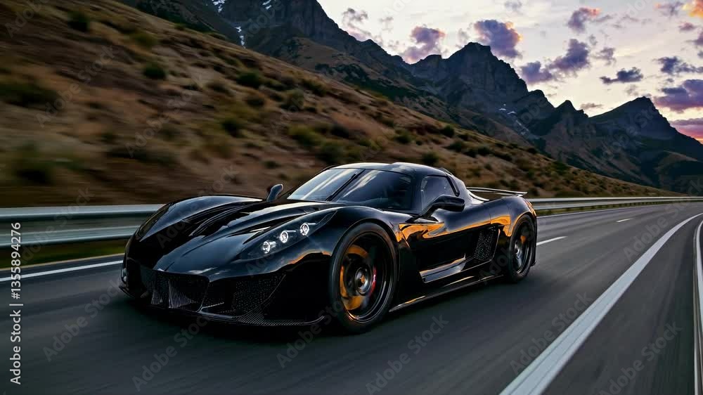 Dynamic low-angle shot of a sleek black sports car speeding on a mountain road at sunset, capturing a cinematic video style with vibrant colors. Dynamic low-angle shot of a sleek black sports car speeding on a mountain road at sunset, capturing a cinematic video style with vibrant colors.